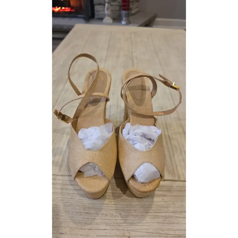 Schutz Neith Raffia Wedge Sandal Womens 10.5 Beige Ankle Strap Platform Peep Toe